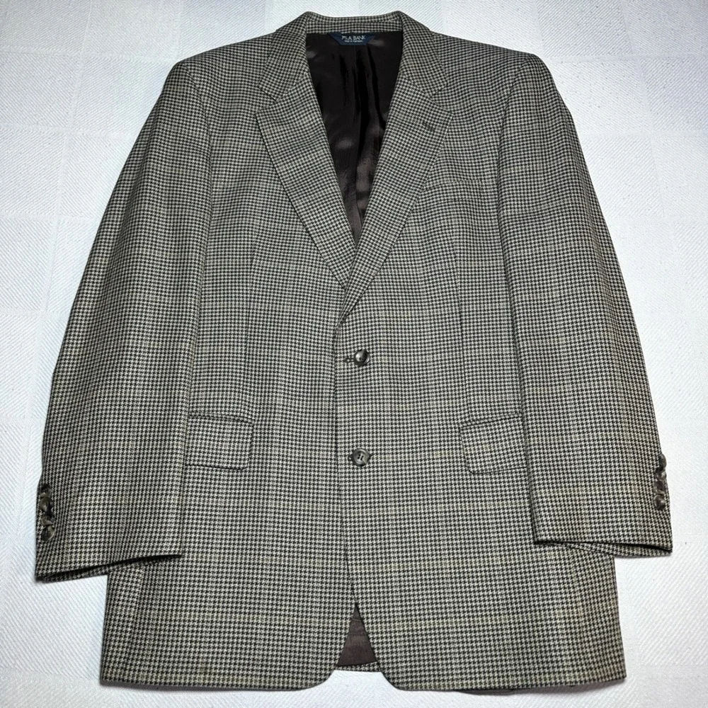 Jos A Bank Sport Coat Mens 42L Silk Wool Houndstooth Brown Two Button Blazer